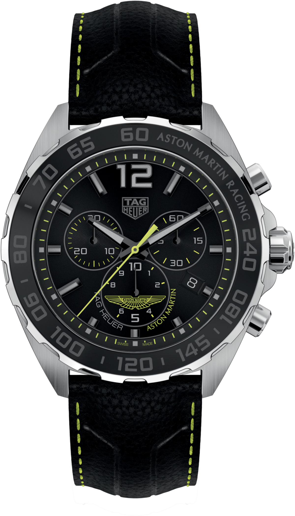 Orologio cronografo TAG Heuer con quadrante nero, cassa acciaio e cinturino pelle nera, dettagli verdi