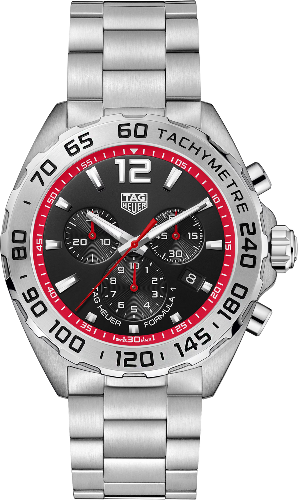 Orologio cronografo TAG Heuer in acciaio, quadrante nero con dettagli rossi e indici luminosi.