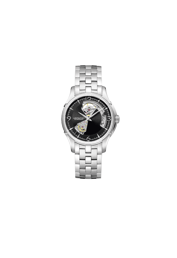 Orologio automatico con quadrante nero scheletrato e cassa circolare d’acciaio da 40 mm