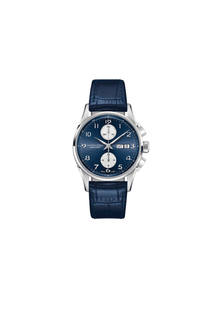 Orologio da polso con quadrante blu e cinturino in pelle scura, cassa in acciaio