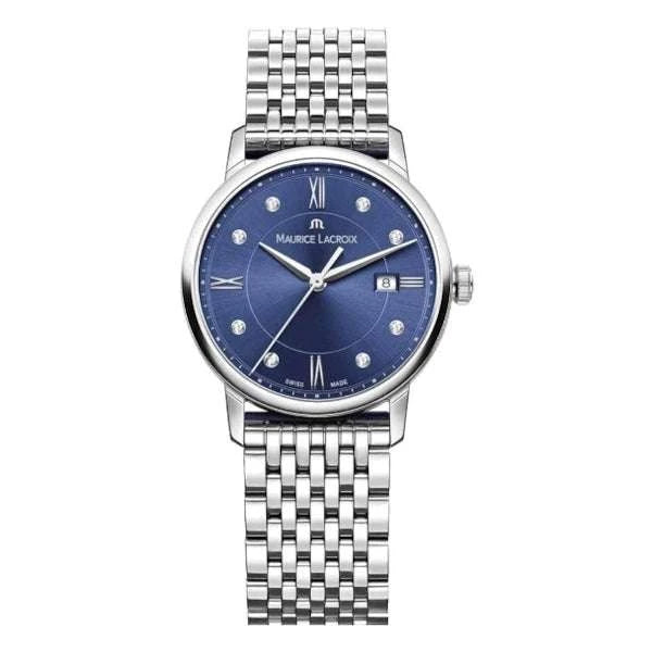Maurice Lacroix Eliros Date Donna 30 mm Acciaio Quadrante Blu Soleil 8 Diamanti Vetro Zaffiro Quarzo Swiss Made Bracciale Acciaio Data 5 ATM Ref. EL1094-SS002-450-1 Oasi Watch