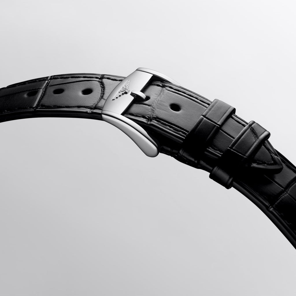 Cinturino in pelle nera con fibbia e passanti metallici, per orologio