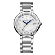 Orologio da donna in acciaio con quadrante madreperla e lancette blu, lunetta con diamanti