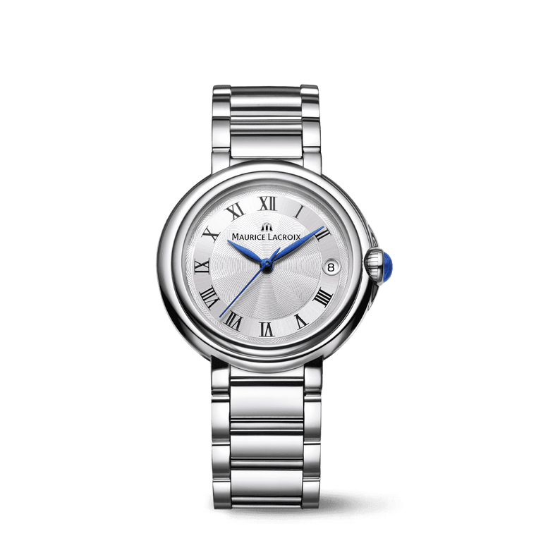 Maurice Lacroix Fiaba Date Donna 32 mm Acciaio Quadrante Argento Guilloché Numeri Romani Vetro Zaffiro Quarzo Swiss Made Bracciale Acciaio Data 3 ATM Ref. FA1004-SS002-110-1