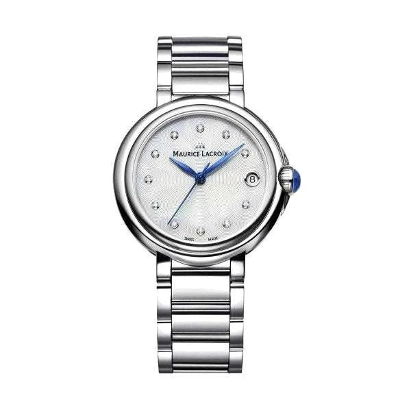 Maurice Lacroix Fiaba Date Donna 32 mm Acciaio Quadrante Madreperla Bianca Guilloché 11 Diamanti Vetro Zaffiro Quarzo Swiss Made Bracciale Acciaio Data 3 ATM Ref. FA1004-SS002-170-1 Oasi Watch