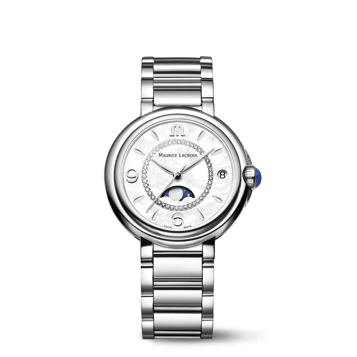 Maurice Lacroix Fiaba Moonphase Donna 32 mm Acciaio Quadrante Blu Soleil 46 Diamanti Fasi Lunari Vetro Zaffiro Quarzo Swiss Made Bracciale Acciaio Data 3 ATM Ref. FA1084-SS002-420-1 Oasi Watch