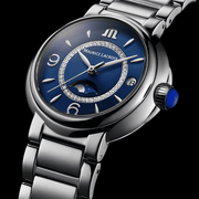 Orologio da polso in acciaio con quadrante blu, lancette e corona laterale blu