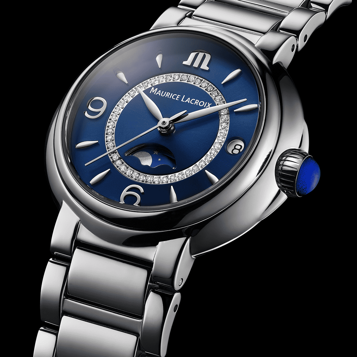 Maurice Lacroix Fiaba Moonphase Donna 32 mm Acciaio Quadrante Blu Soleil 46 Diamanti Fasi Lunari Vetro Zaffiro Quarzo Swiss Made Bracciale Acciaio Data 3 ATM Ref. FA1084-SS002-420-1 Oasi Watch