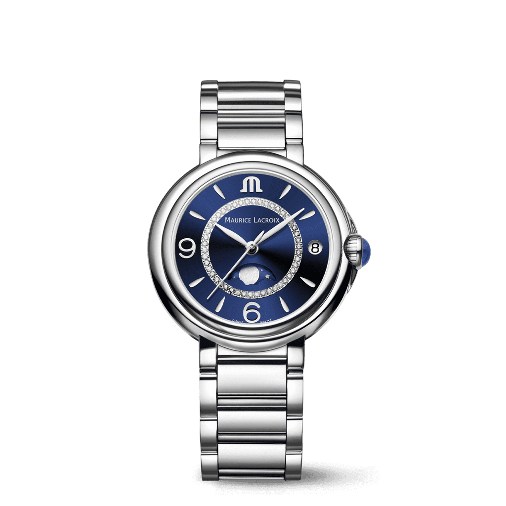 Maurice Lacroix Fiaba Moonphase Donna 32 mm Acciaio Quadrante Blu Soleil 46 Diamanti Fasi Lunari Vetro Zaffiro Quarzo Swiss Made Bracciale Acciaio Data 3 ATM Ref. FA1084-SS002-420-1 Oasi Watch