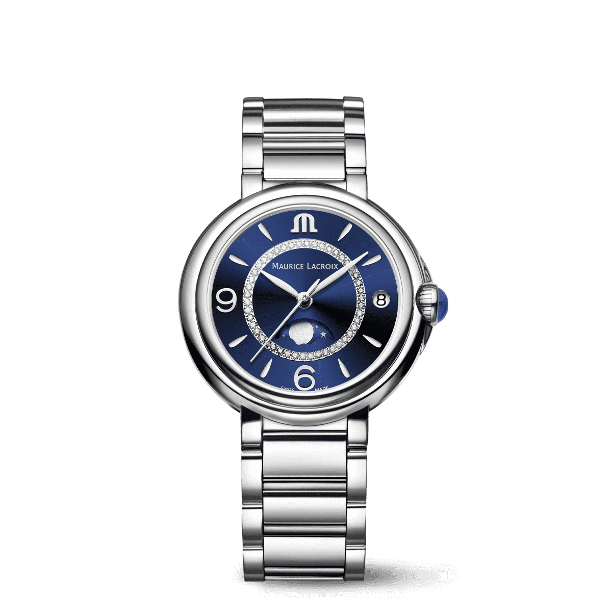 Maurice Lacroix Fiaba Moonphase Donna 32 mm Acciaio Quadrante Blu Soleil 46 Diamanti Fasi Lunari Vetro Zaffiro Quarzo Swiss Made Bracciale Acciaio Data 3 ATM Ref. FA1084-SS002-420-1 Oasi Watch