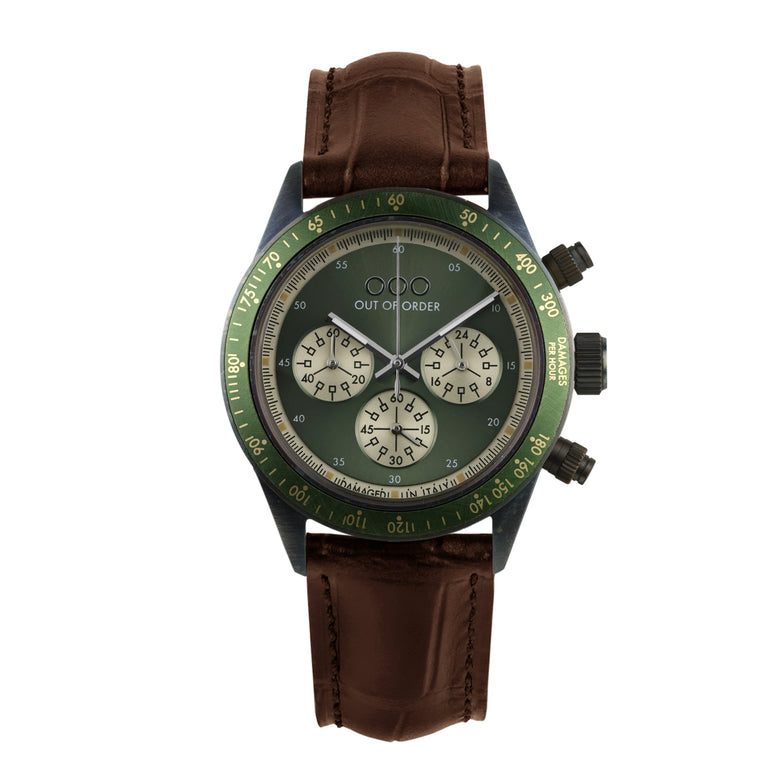 Out Of Order SuperVintage Chrono Limited Edition Unisex 42 mm Acciaio 316L Vintage Quadrante Verde Cronografo Miyota OS20 Vetro Rivestito Zaffiro Pelle Noce 100 m Ref. OOO.001-30.VE