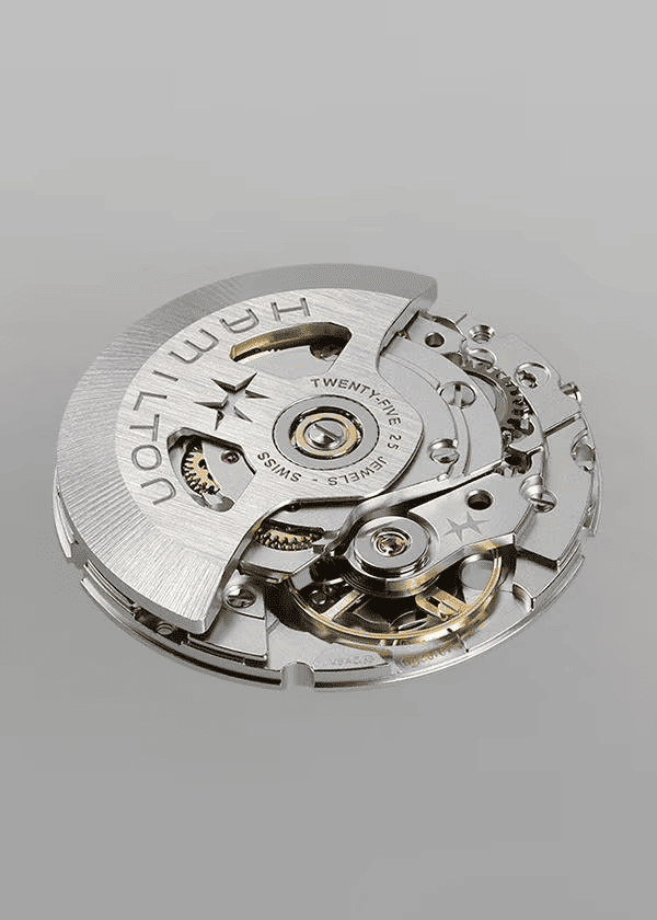 Meccanismo dell’orologio a vista su fondello circolare in acciaio