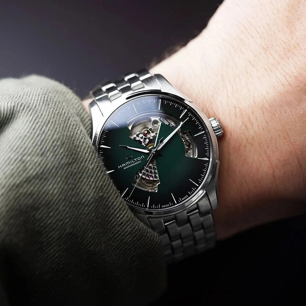 Orologio Hamilton scheletrato con quadrante verde su cinturino in acciaio