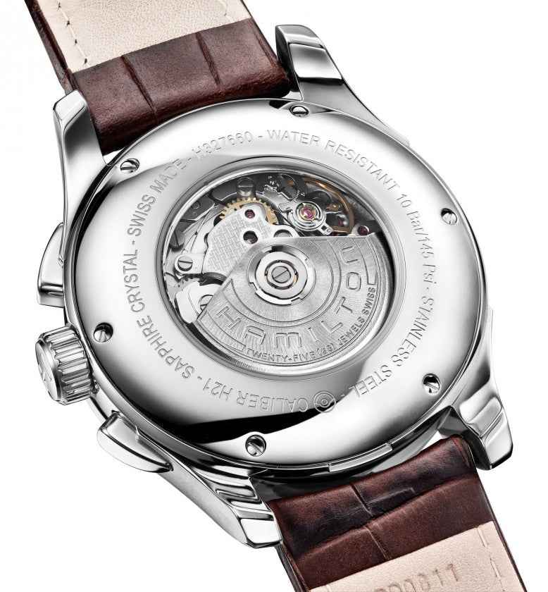 Orologio Hamilton Jazzmaster con fondello trasparente e movimento visibile, cassa acciaio