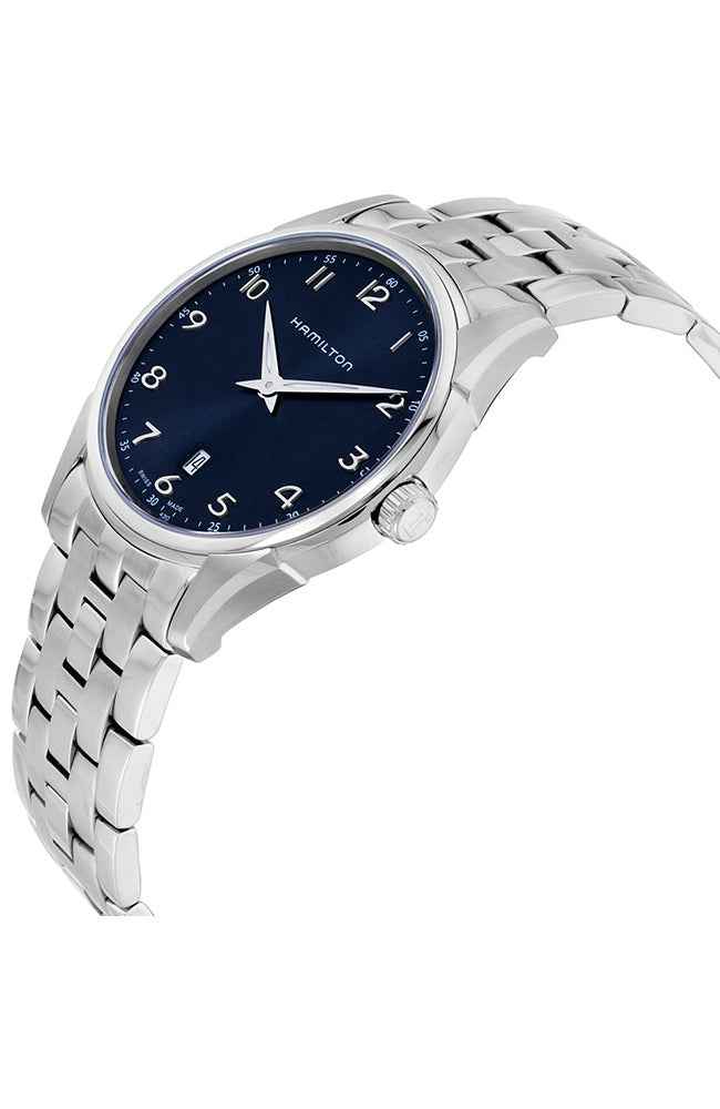 Orologio da polso con quadrante blu e numeri arabi, cassa rotonda e bracciale acciaio