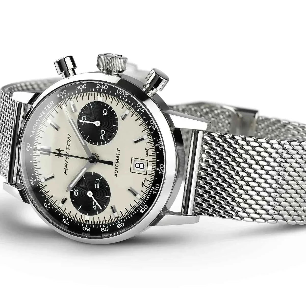 Orologio cronografo automatico da uomo in acciaio con quadrante panda e datario