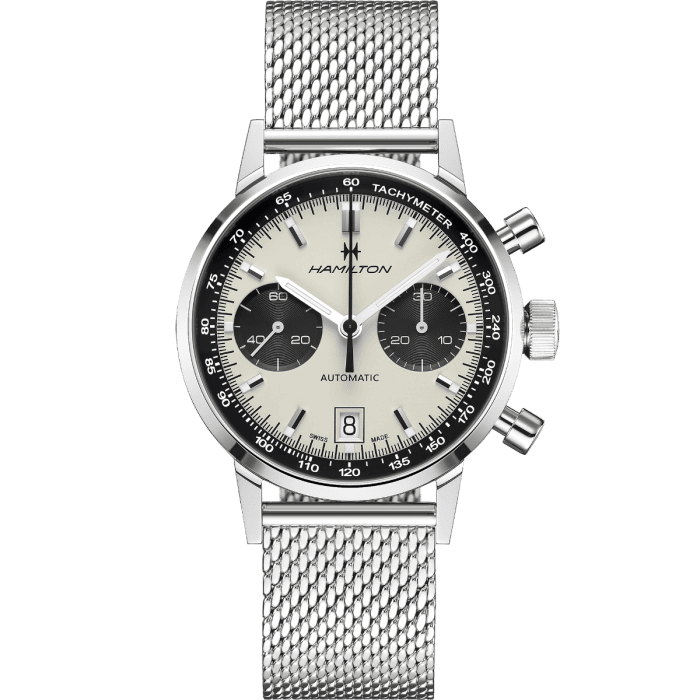Orologio cronografo automatico da uomo in acciaio con quadrante panda e datario ore 8