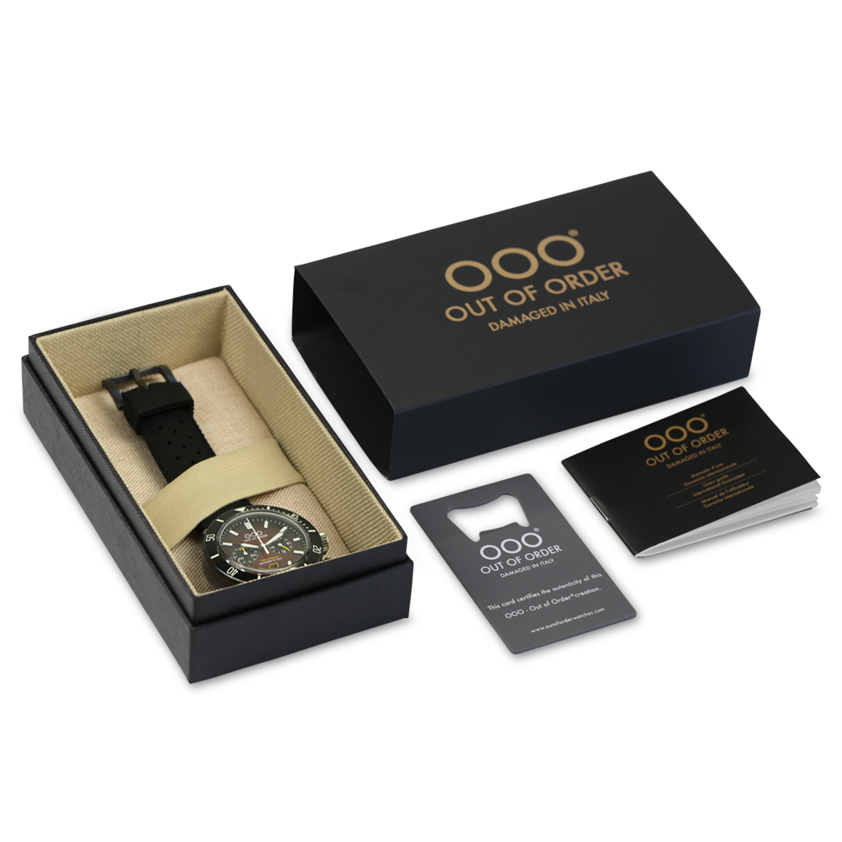 Set orologio in scatola nera con logo OOO “Out of Order” e cinturino nero