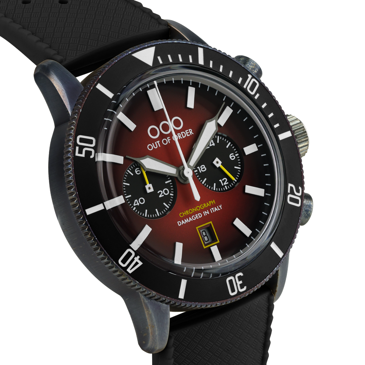 Orologio pilota con quadrante rosso, ghiera nera con indici bianchi e cinturino nero