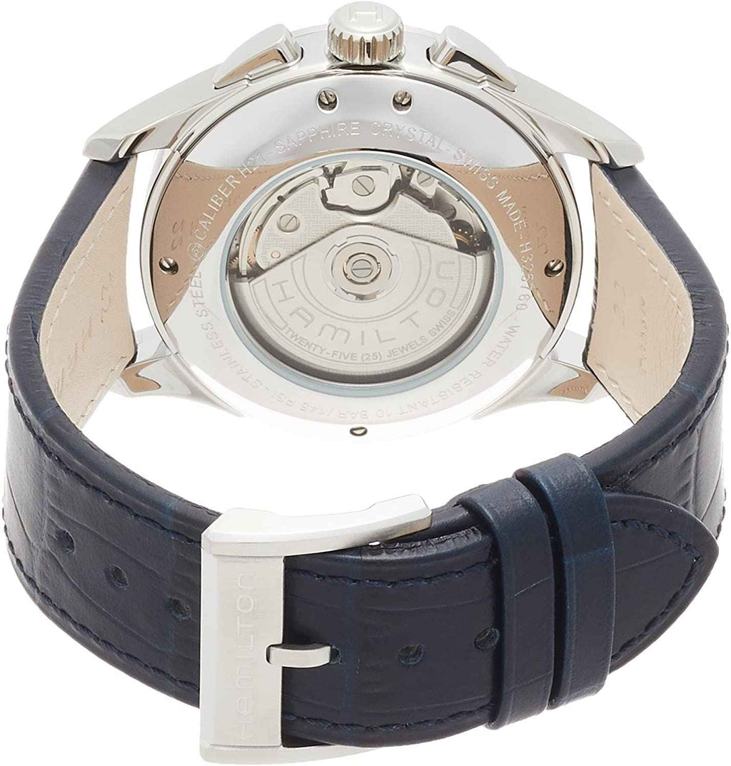 Orologio con fondello trasparente, meccanismo visibile, cinturino in pelle blu scuro