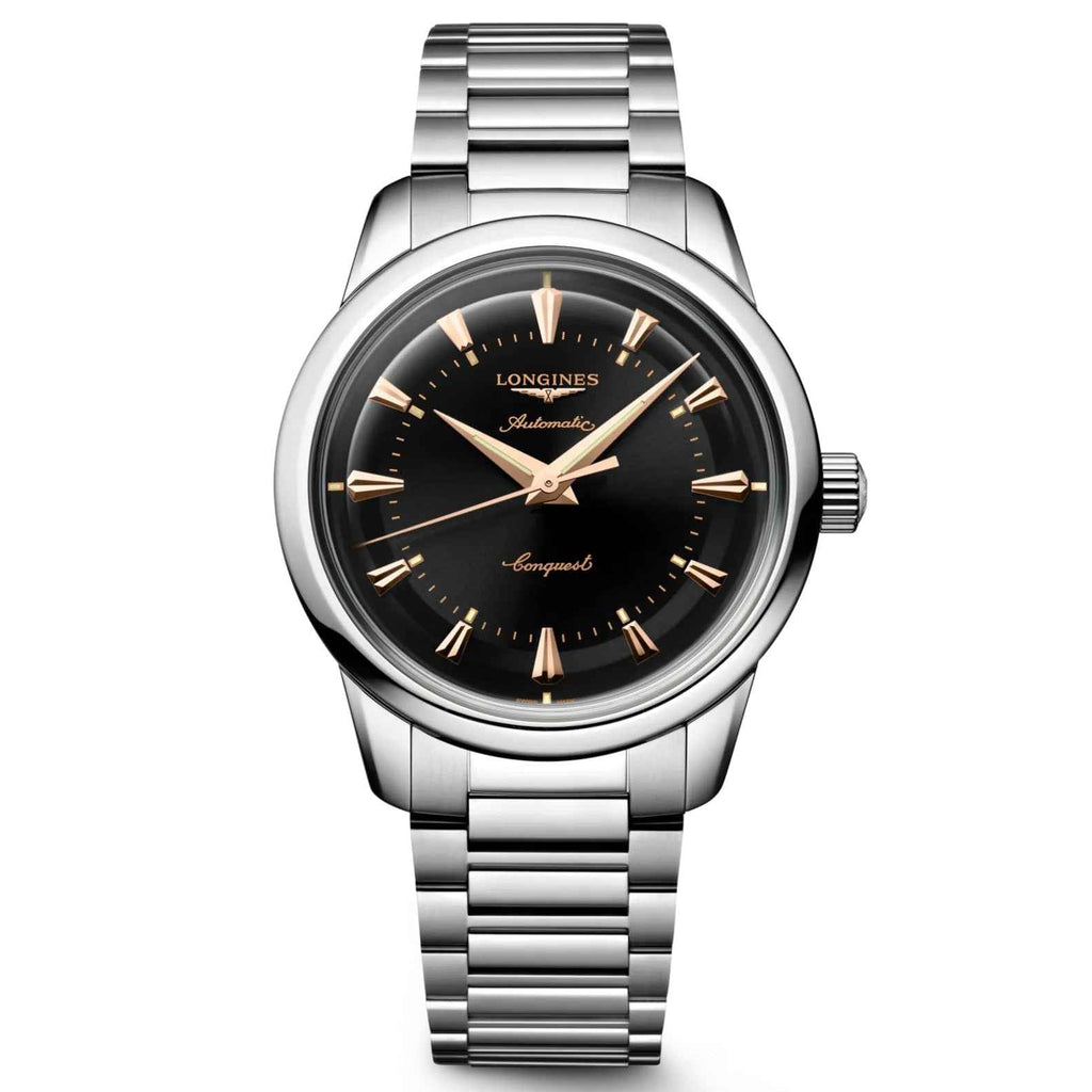 Orologio automatico Conquest con cinturino in acciaio e quadrante nero, indici oro rosa.