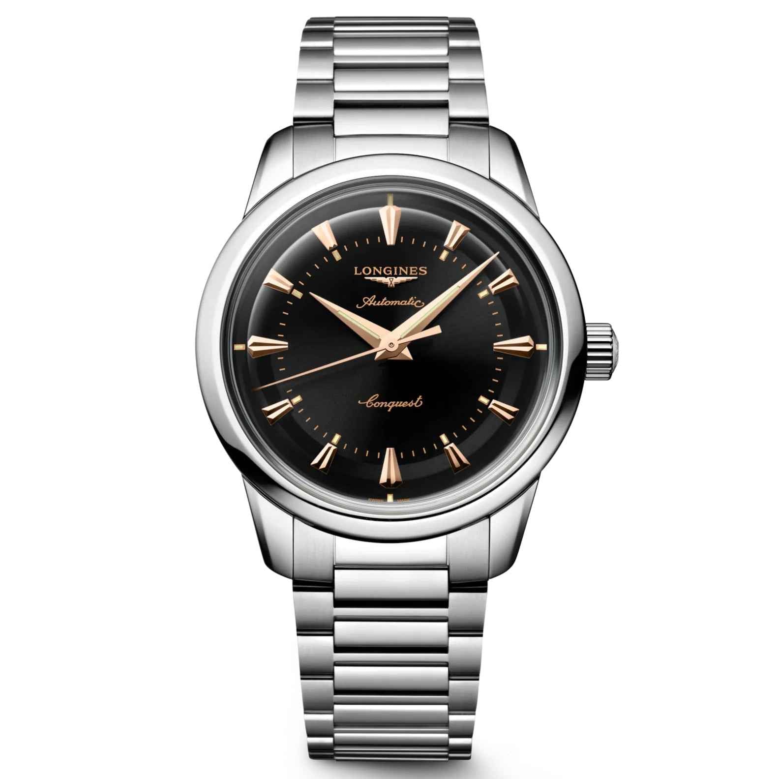 Orologio automatico Conquest con cinturino in acciaio e quadrante nero, indici oro rosa.
