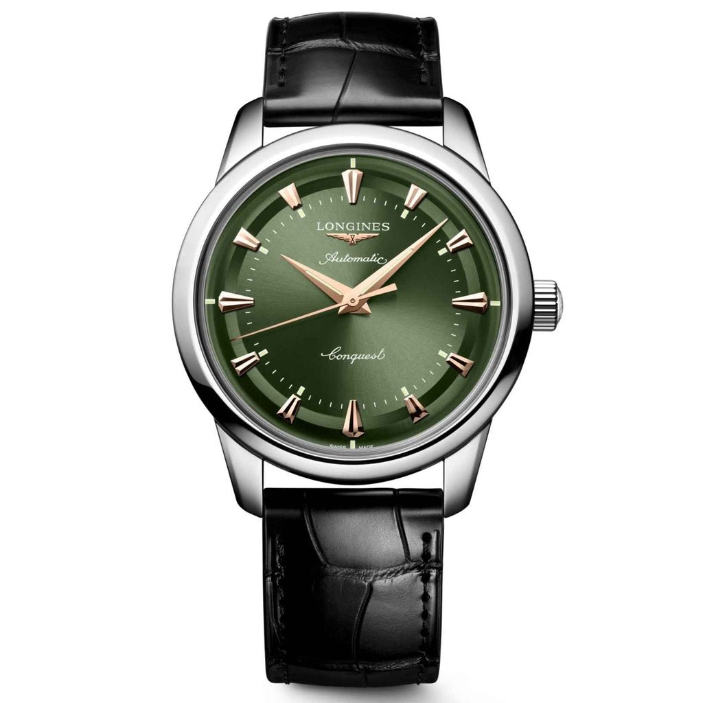 Orologio automatico Conquest Heritage 40mm con quadrante verde e cinturino in pelle nera