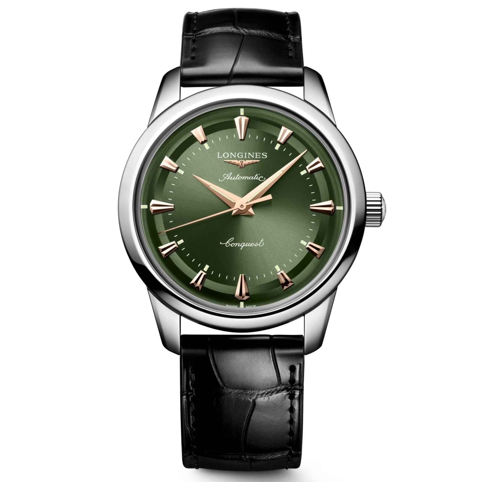 Orologio automatico Conquest Heritage 40mm con quadrante verde e cinturino in pelle nera