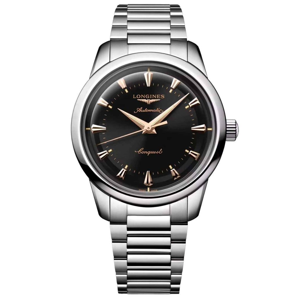 Orologio automatico Longines Heritage con quadrante nero e cinturino in acciaio