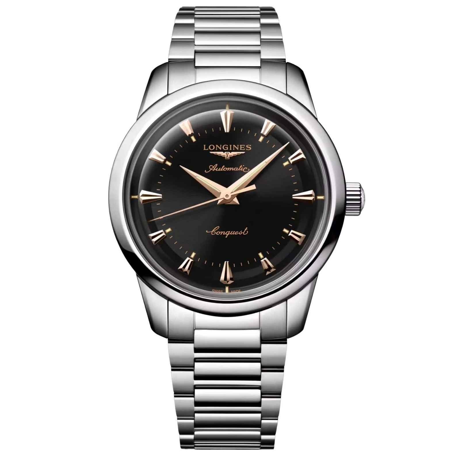 Orologio automatico Longines Heritage con quadrante nero e cinturino in acciaio