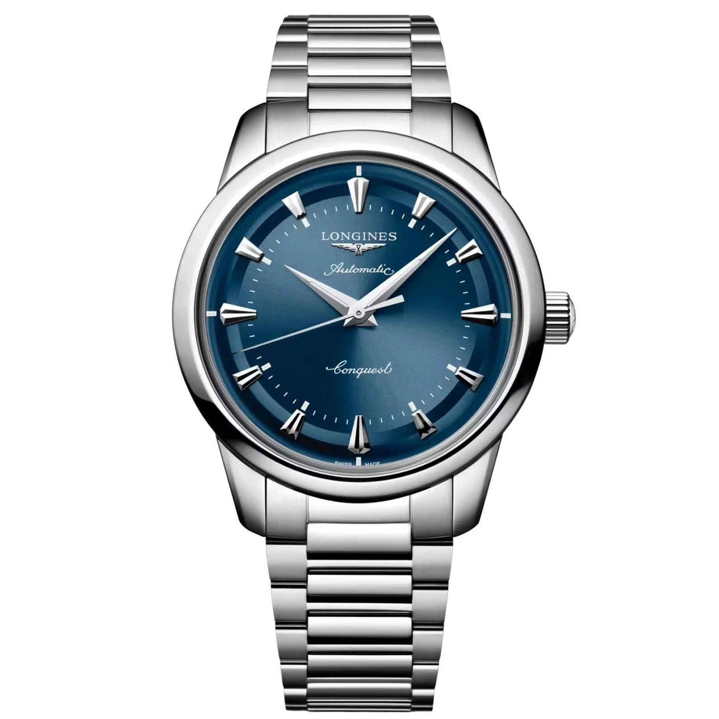 Orologio Longines Heritage 40 mm automatico in acciaio, quadrante blu, bracciale maglie.