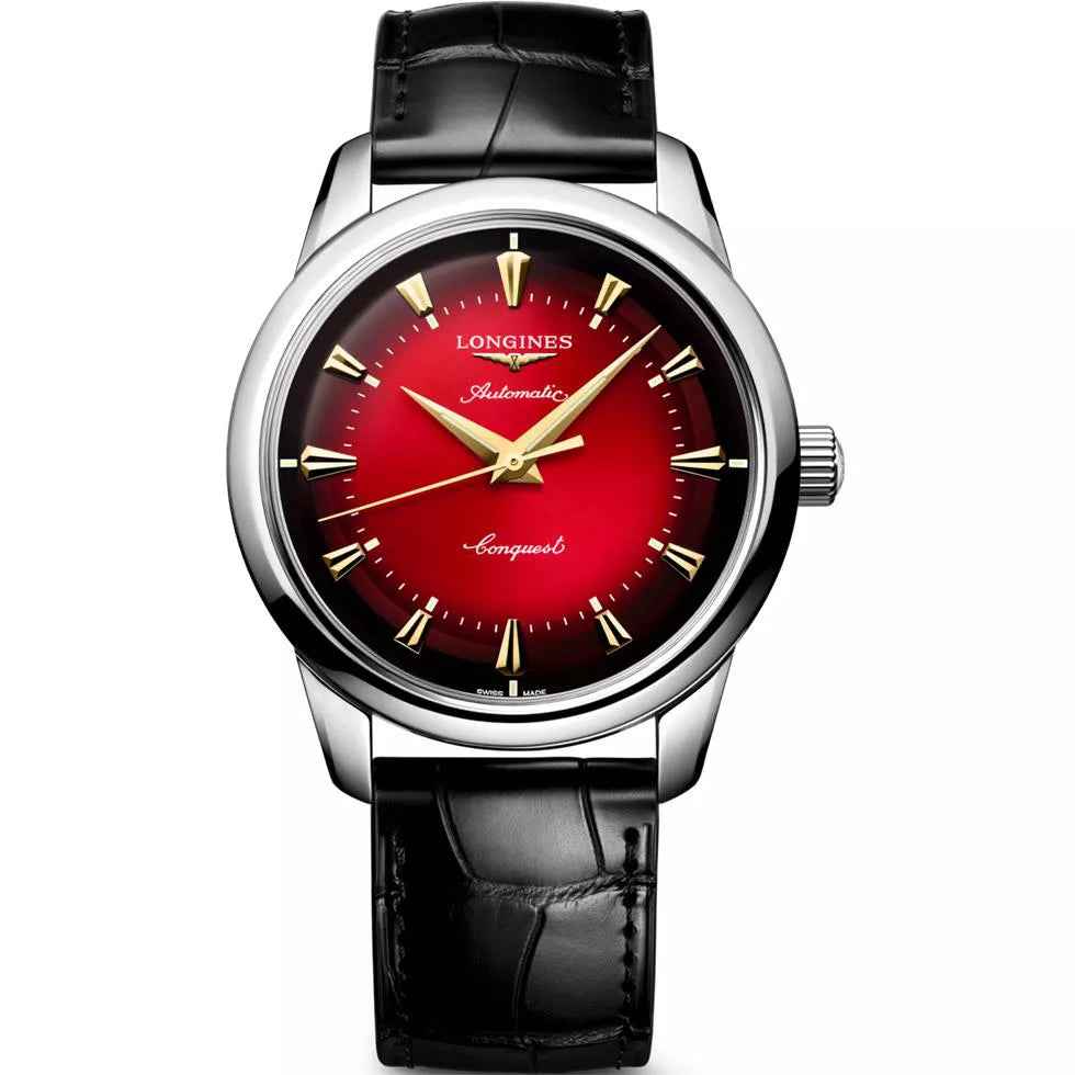 Orologio automatico Longines con quadrante rosso e cinturino nero in pelle, cassa acciaio