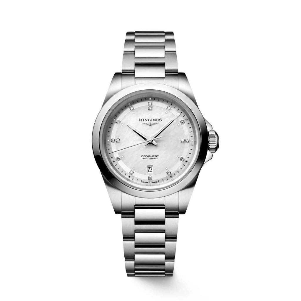 Orologio Longines Conquest 30mm in acciaio, quadrante madreperla con diamanti e datario