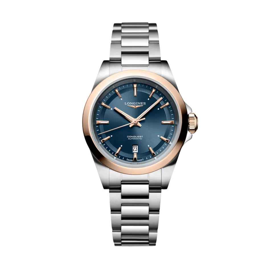 Orologio Longines Conquest 30mm automatico con quadrante blu e bracciale in acciaio PVD rosa