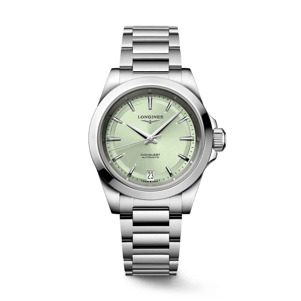 Orologio Conquest automatico 34 mm: quadrante verde, cassa e bracciale in acciaio