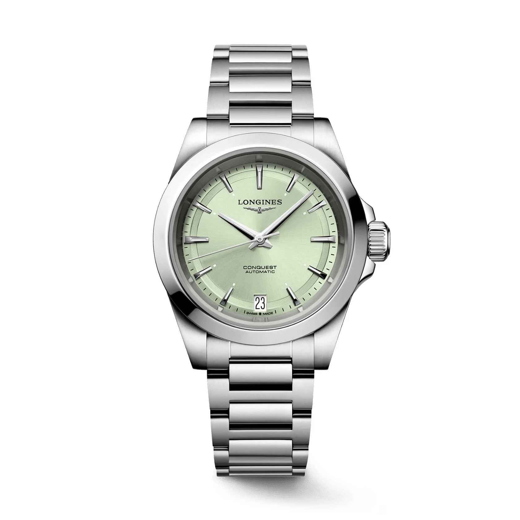 Orologio Conquest automatico 34 mm: quadrante verde, cassa e bracciale in acciaio