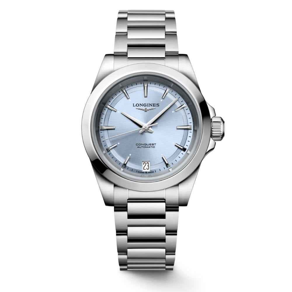 Orologio automatico Longines Conquest 34 mm con quadrante azzurro e cinturino acciaio