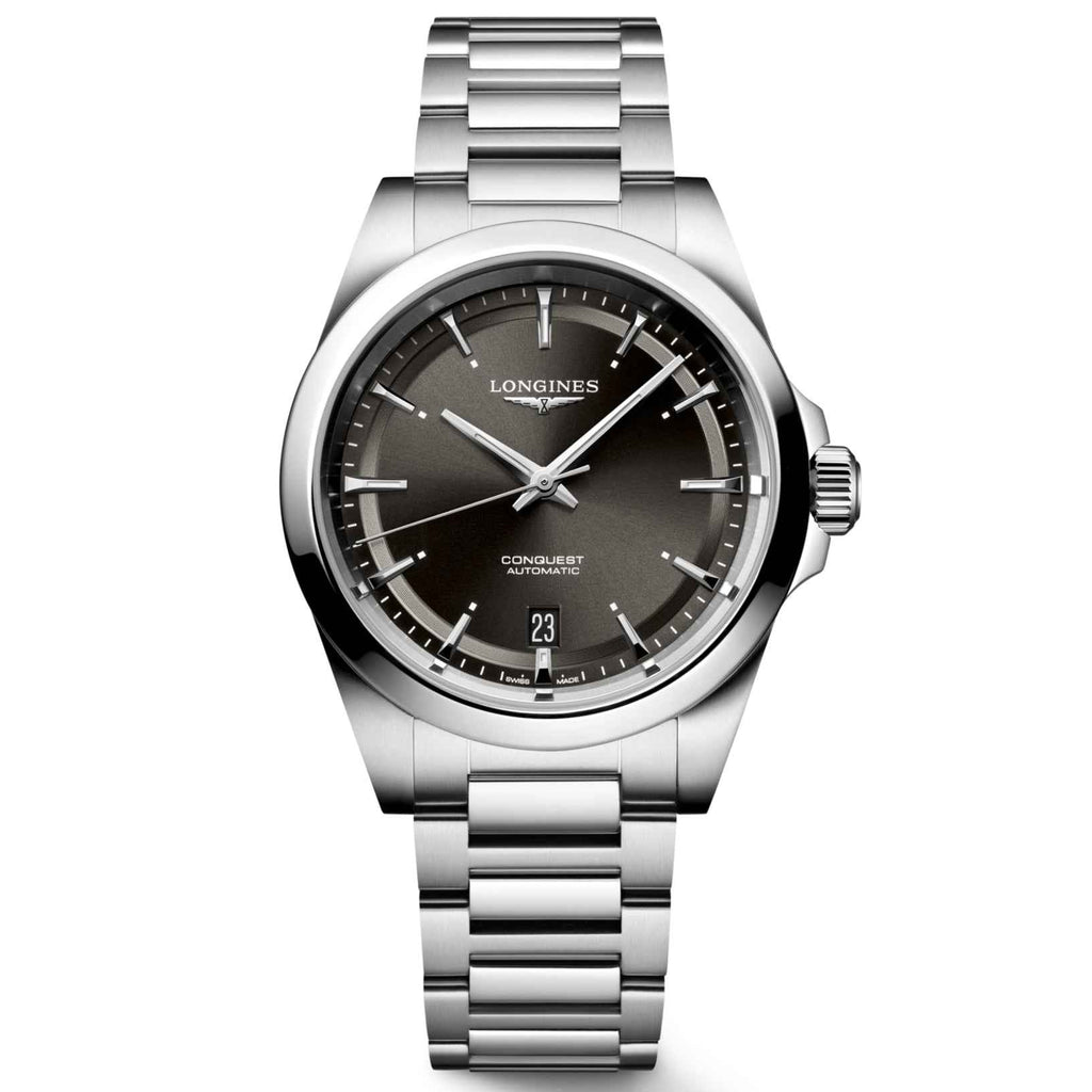 Orologio Conquest 38 mm nero automatico in acciaio con bracciale maglie