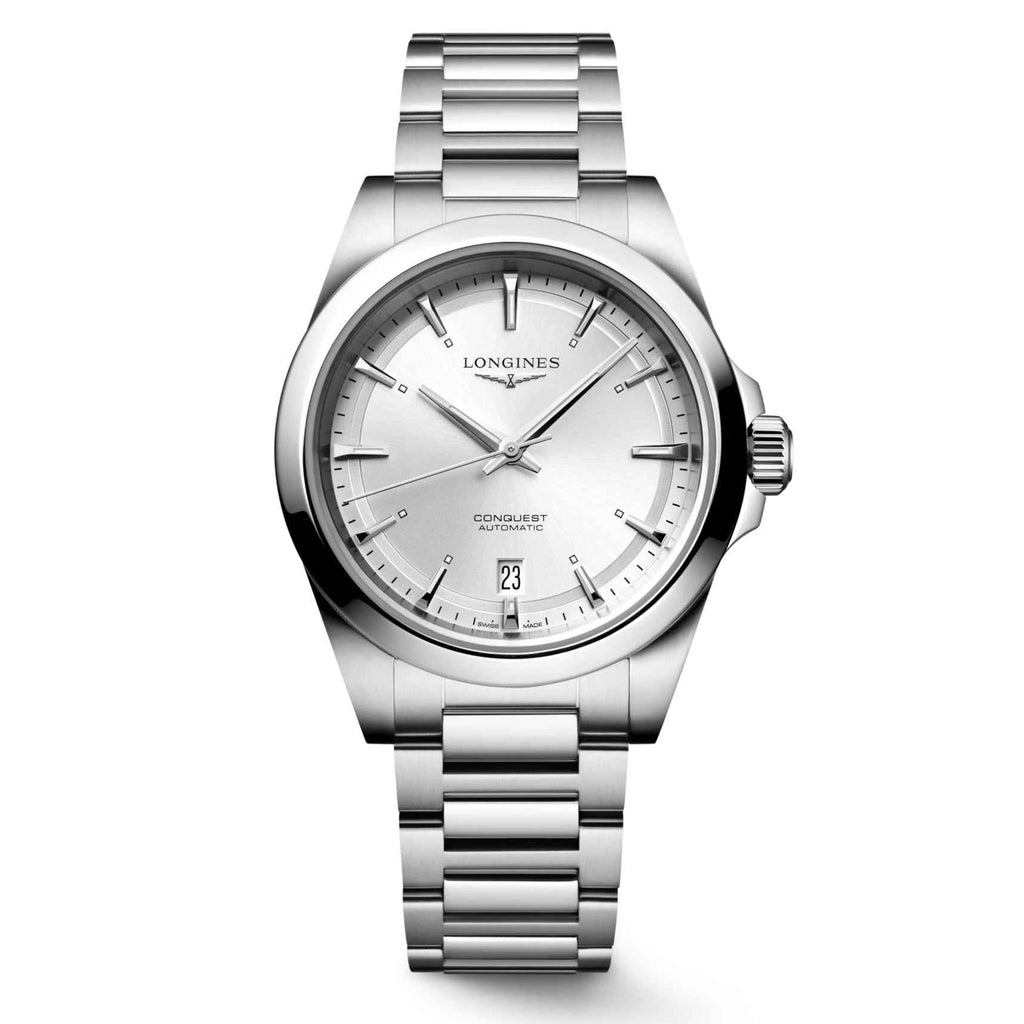 Orologio Longines Conquest 38mm argento in acciaio con quadrante bianco e bracciale a maglie