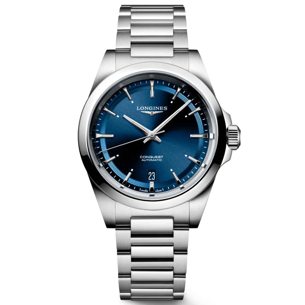 Orologio Longines Conquest 38 mm in acciaio, quadrante blu automatico e cinturino maglie