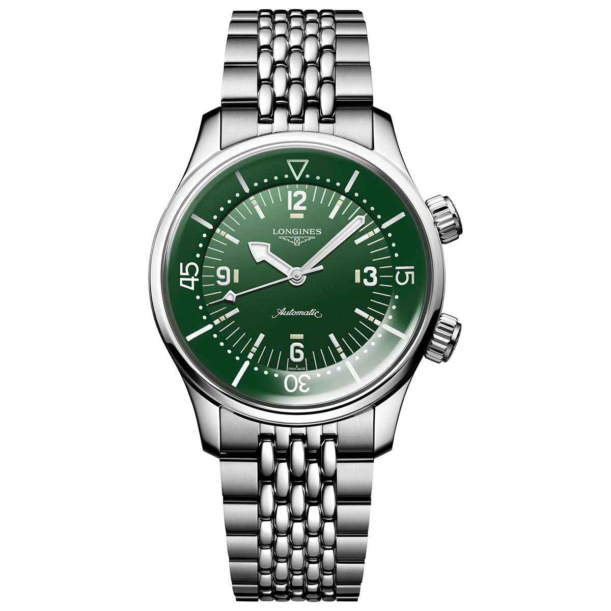 Orologio subacqueo Longines acciaio con quadrante verde e bracciale maglia