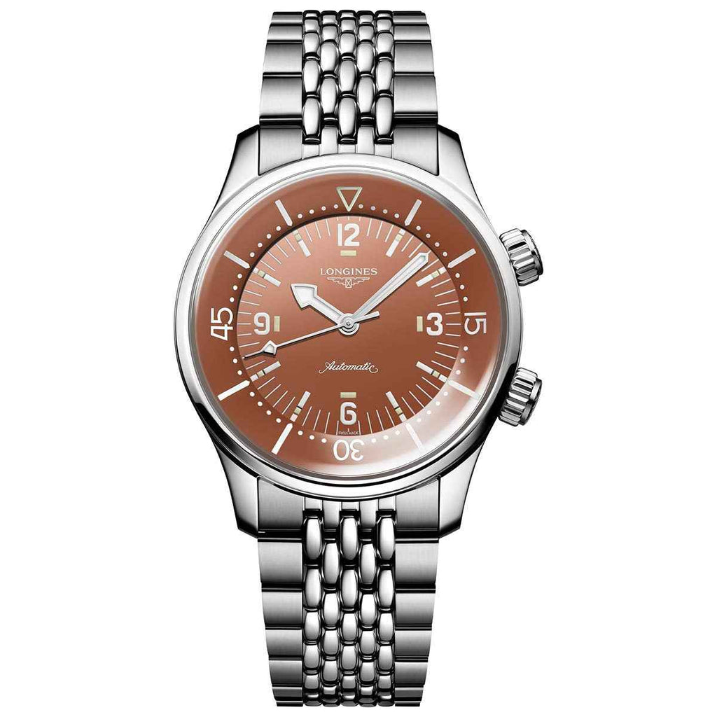 Orologio automatico Longines Legend Diver 39mm con quadrante terracotta e cinturino in acciaio