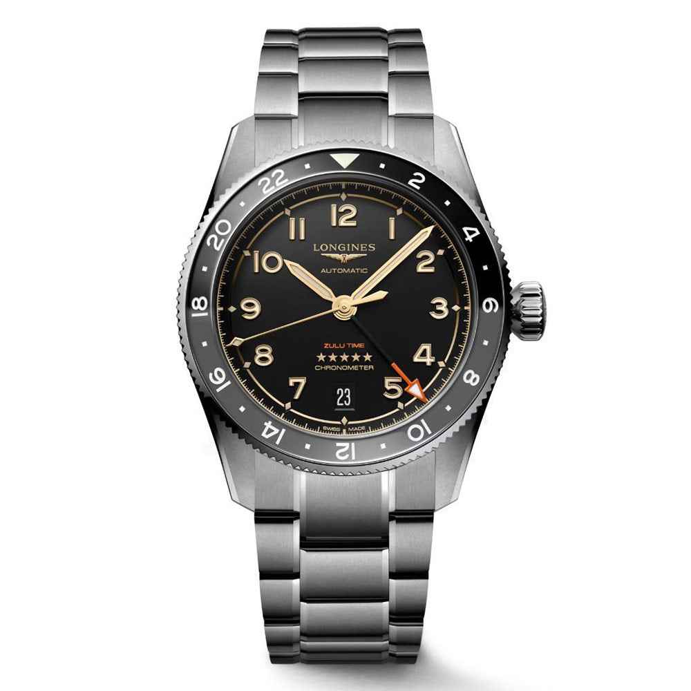 Orologio automatico Longines in titanio, quadrante nero, cinturino maglia antracite