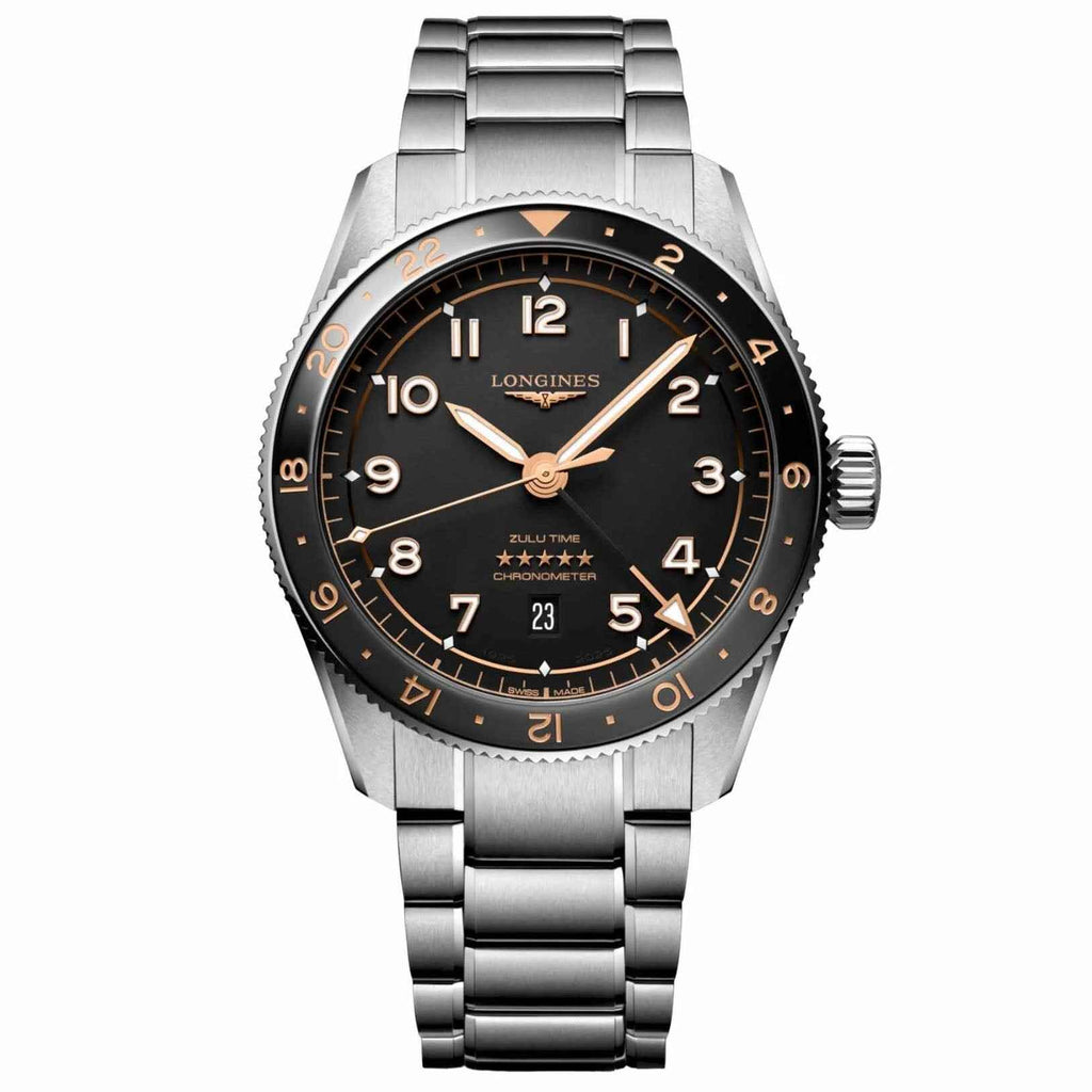 Orologio Longines Spirit Zulu Time 39mm nero automatico in acciaio con bracciale