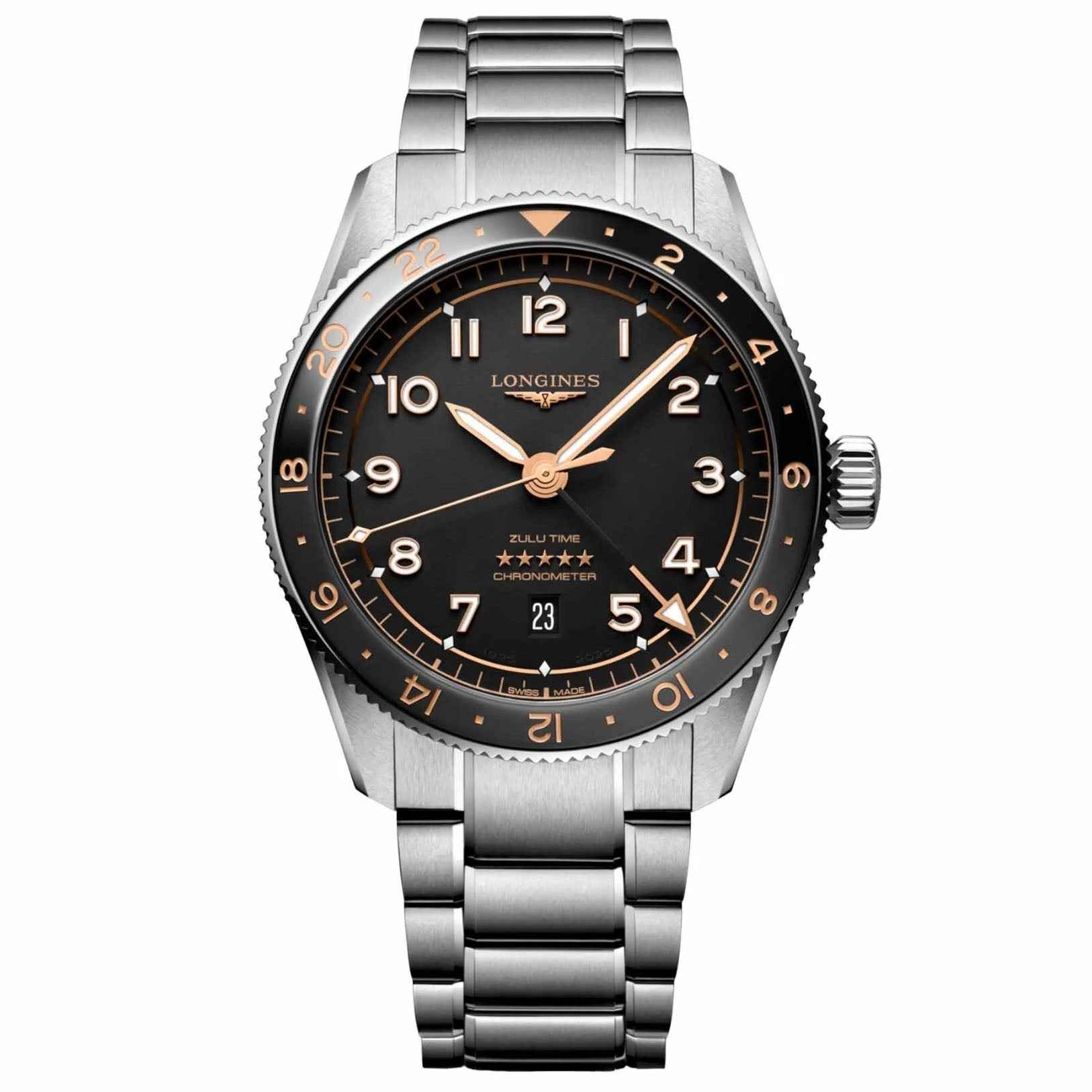 Orologio Longines Spirit Zulu Time 39mm nero automatico in acciaio con bracciale