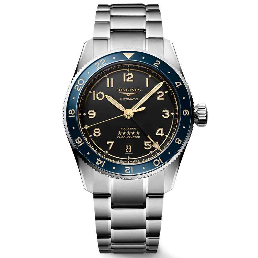 Orologio automatico Longines con quadrante nero e lunetta blu, cinturino in acciaio