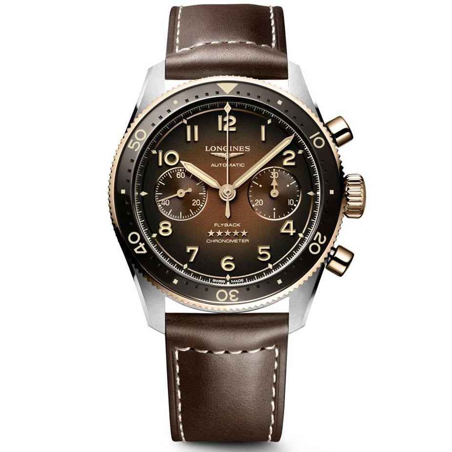 Orologio Longines automatico 42 mm con cinturino pelle marrone e cassa acciaio/oro rosa