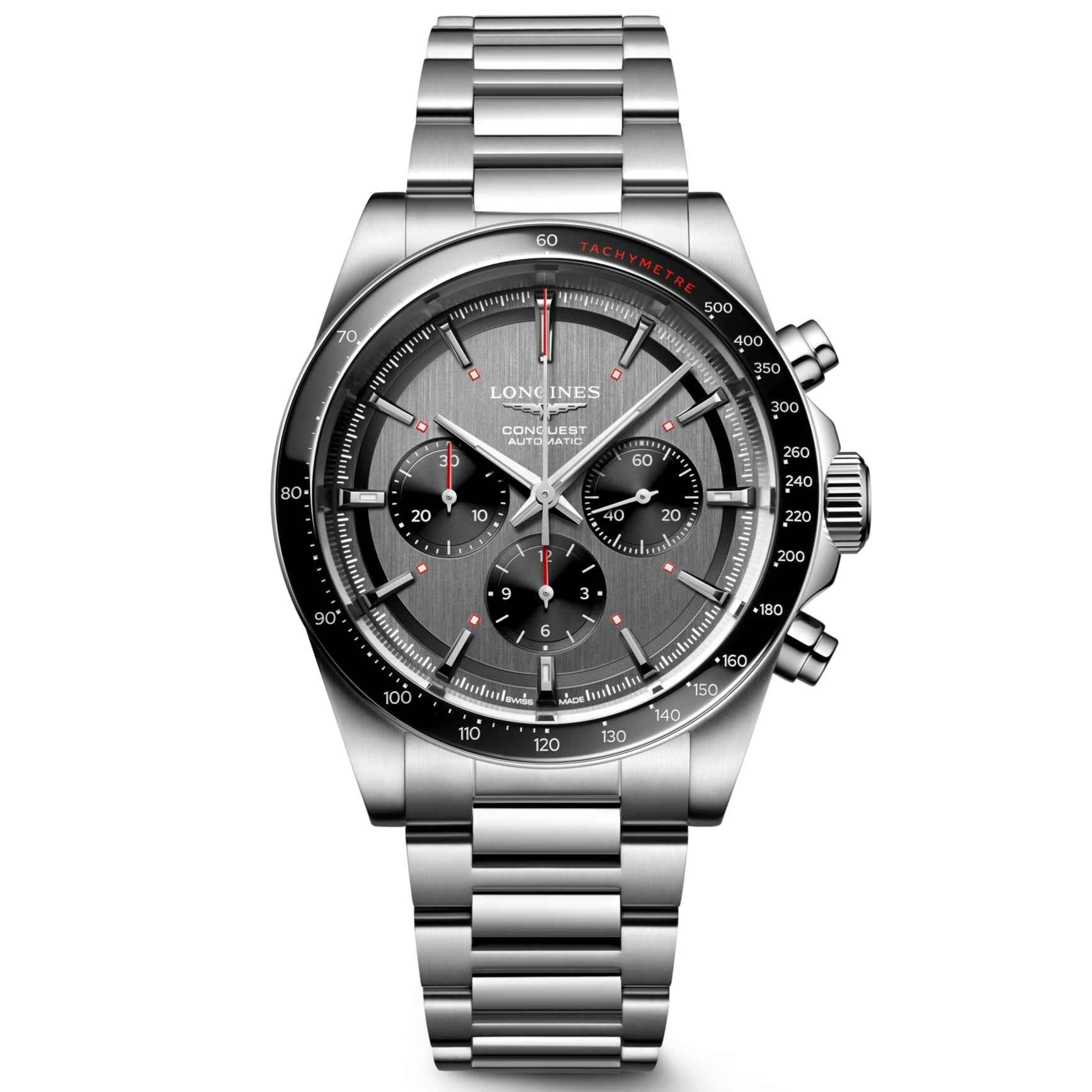 Orologio da polso Longines, cassa in acciaio e cinturino metallico, quadrante grigio