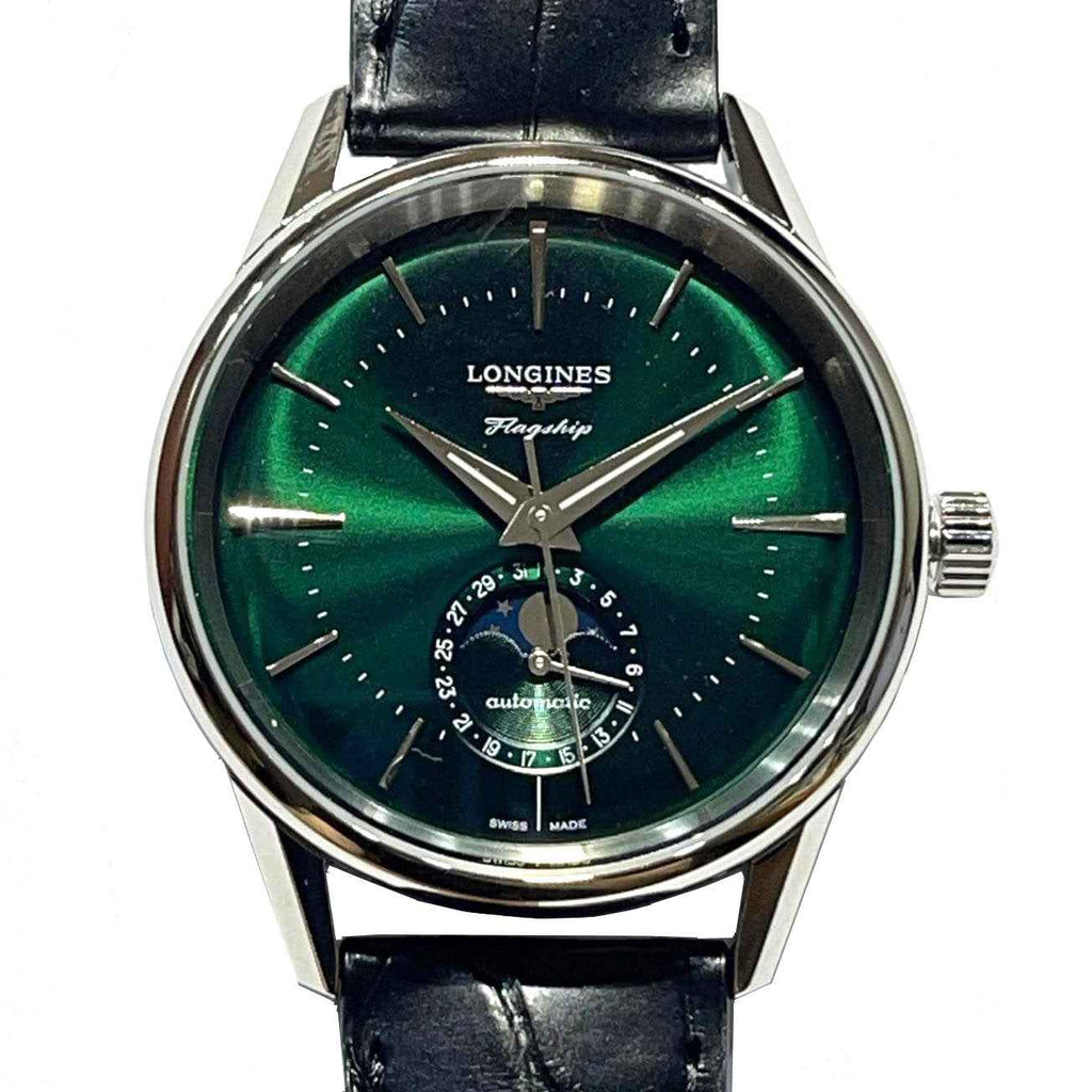 Orologio automatico con quadrante verde e fasi lunari, cinturino in pelle nera