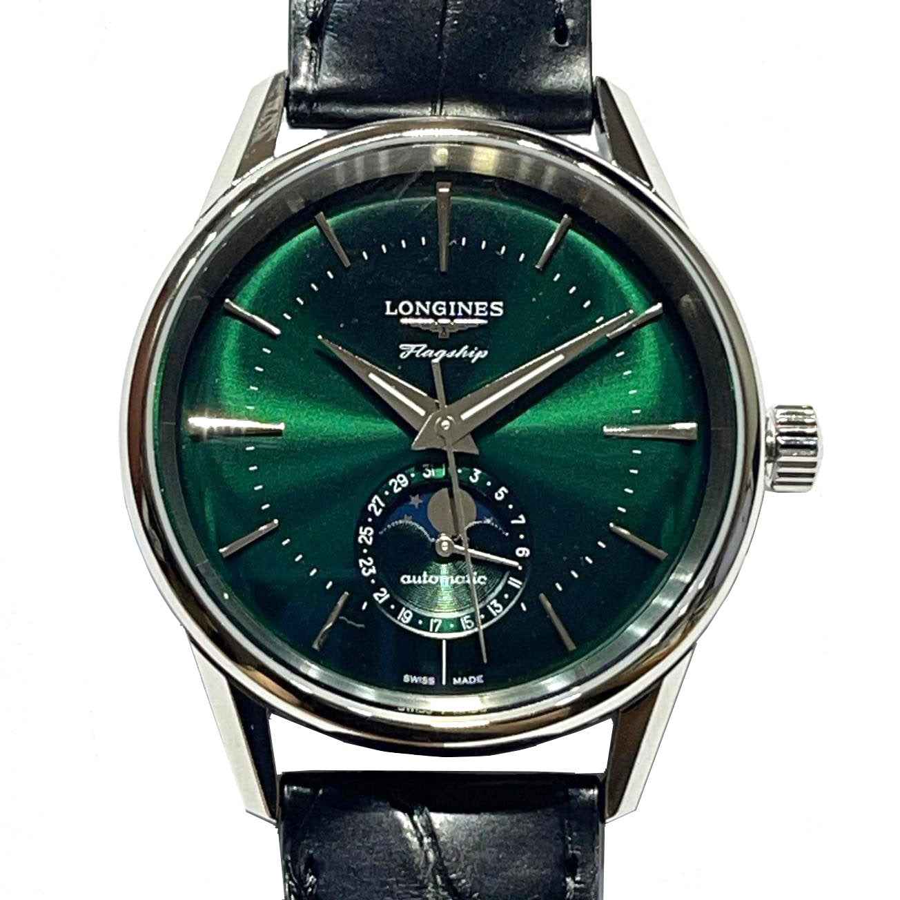 Orologio automatico con quadrante verde e fasi lunari, cinturino in pelle nera